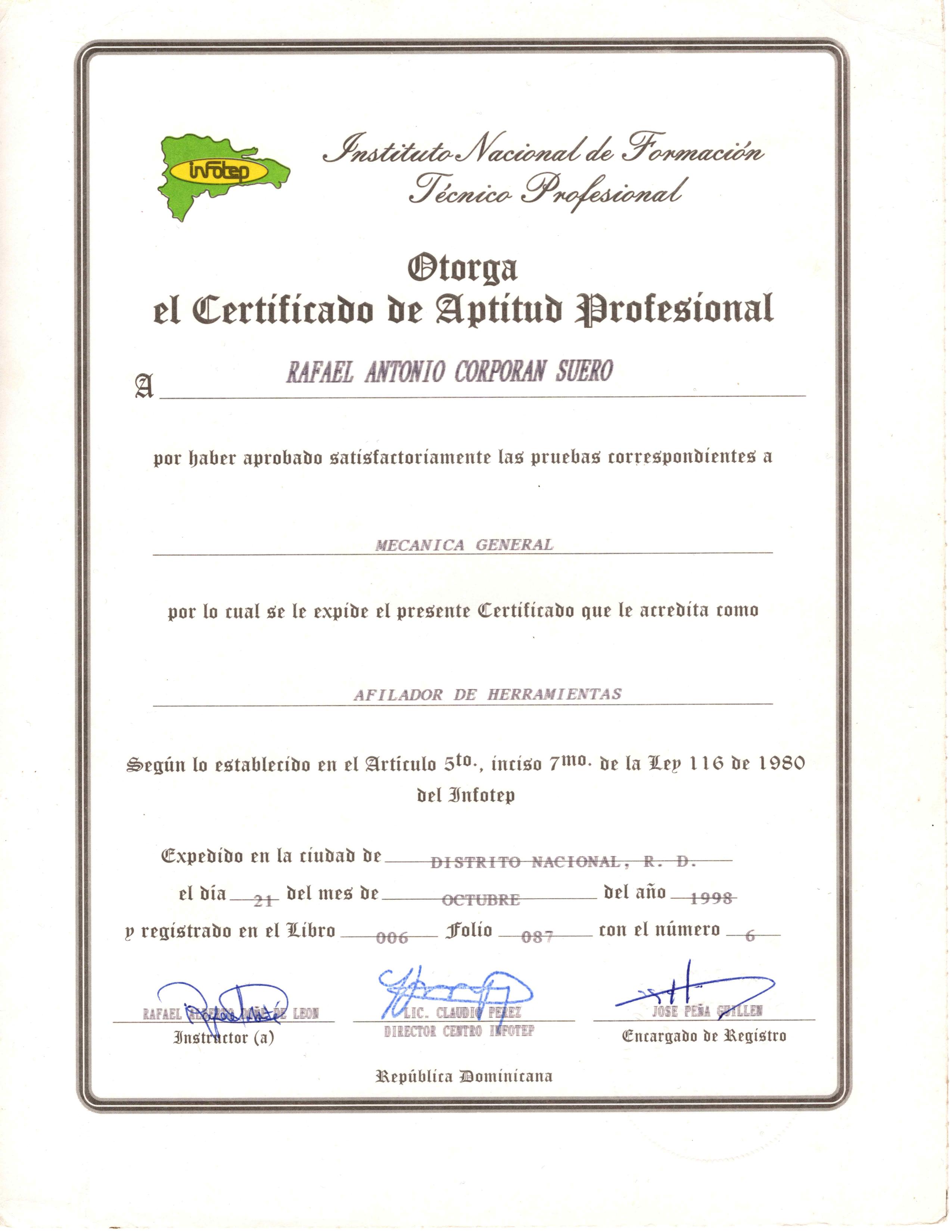 Tool Sharpener Certificate