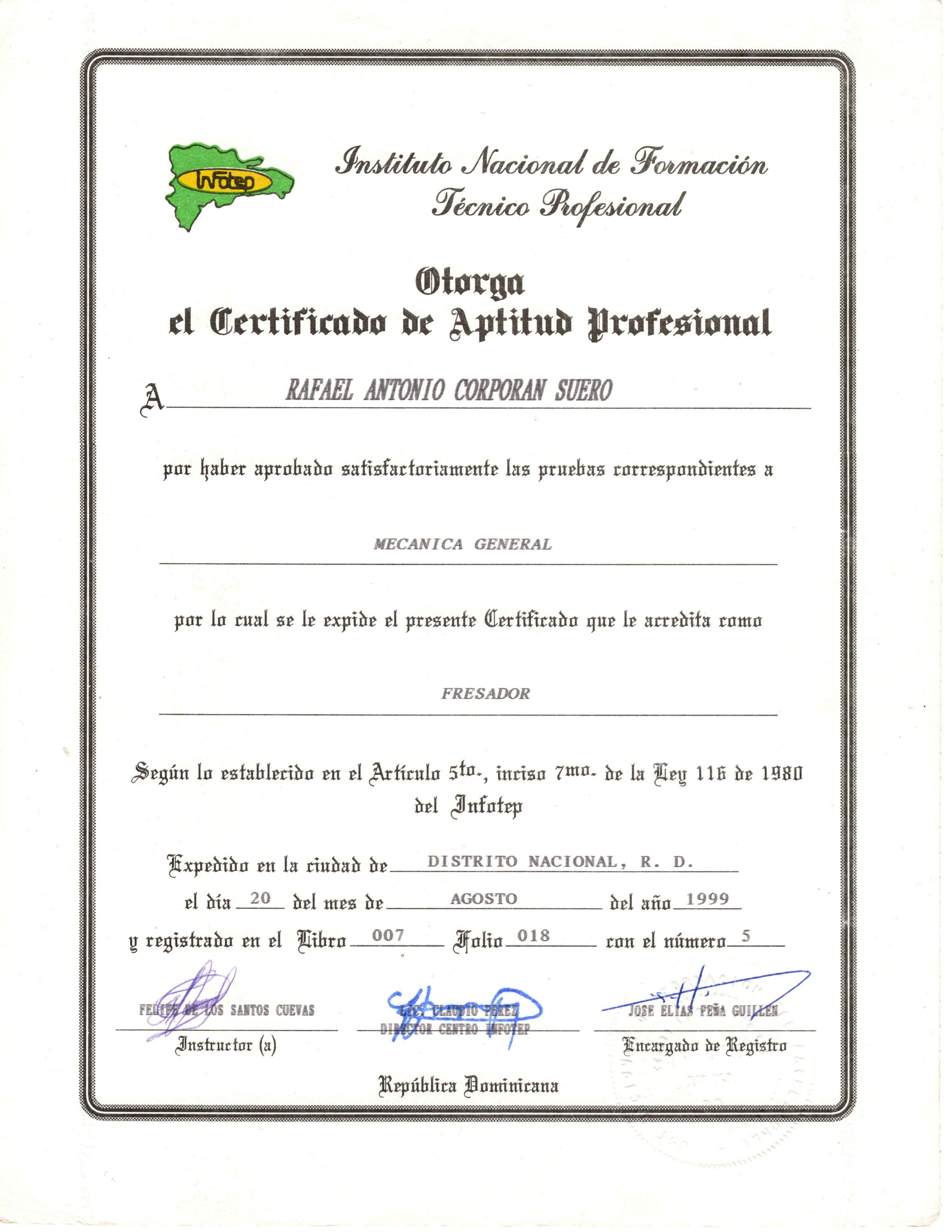Milling Machine Operator Certificate